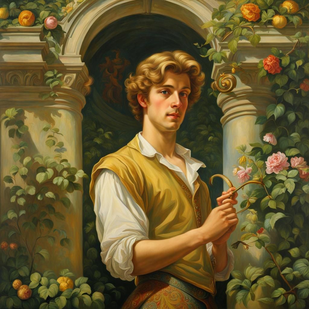 trompe de l'oeil painting in the style of Henri Bol and gaston bussiere; a handsome young gay man in a castle garden, fo...