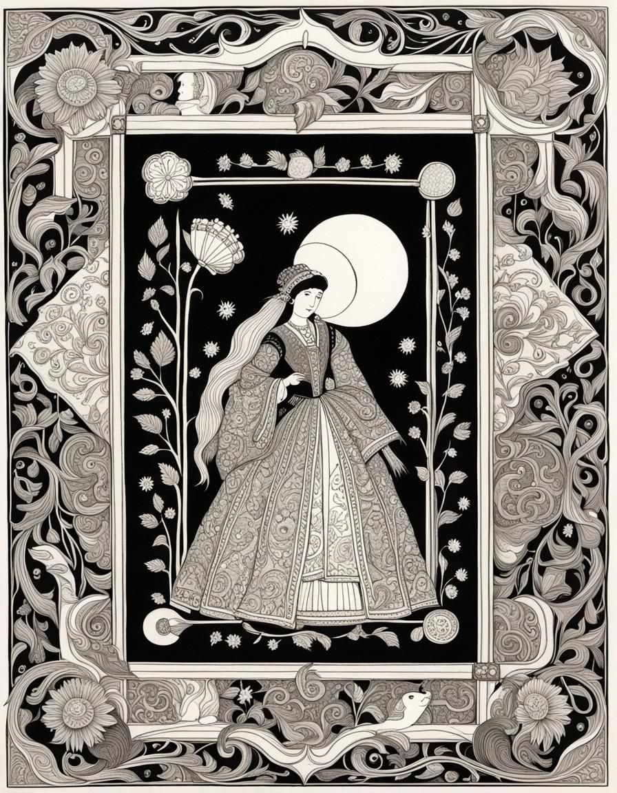 Beardsley-Inspired Folk Art Illustration in Frame