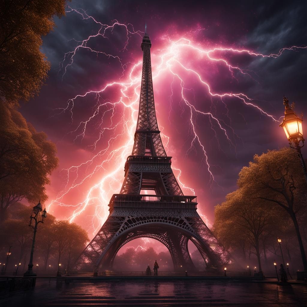 Eiffel Tower Lightning Strike: Detailed Matte Painting