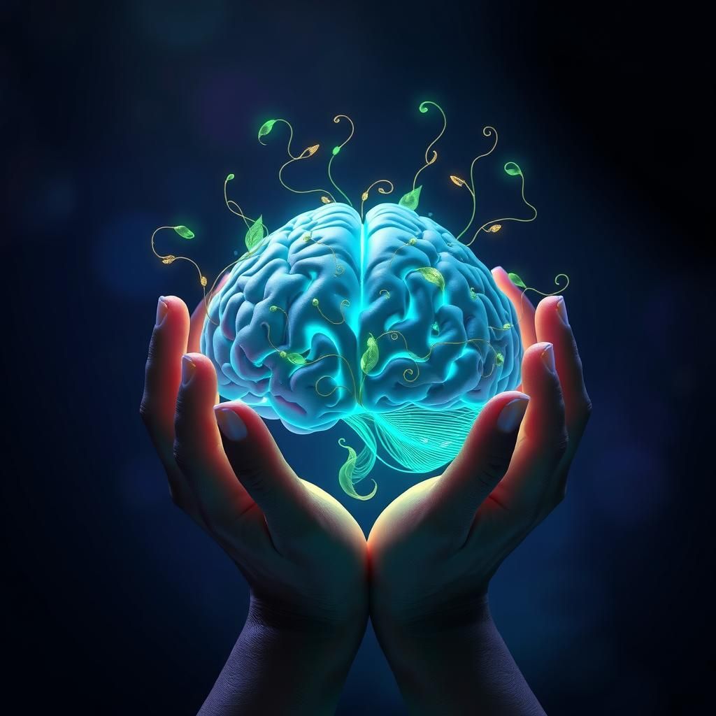 Hands Cradling Glowing Brain in Ethereal Digital Art