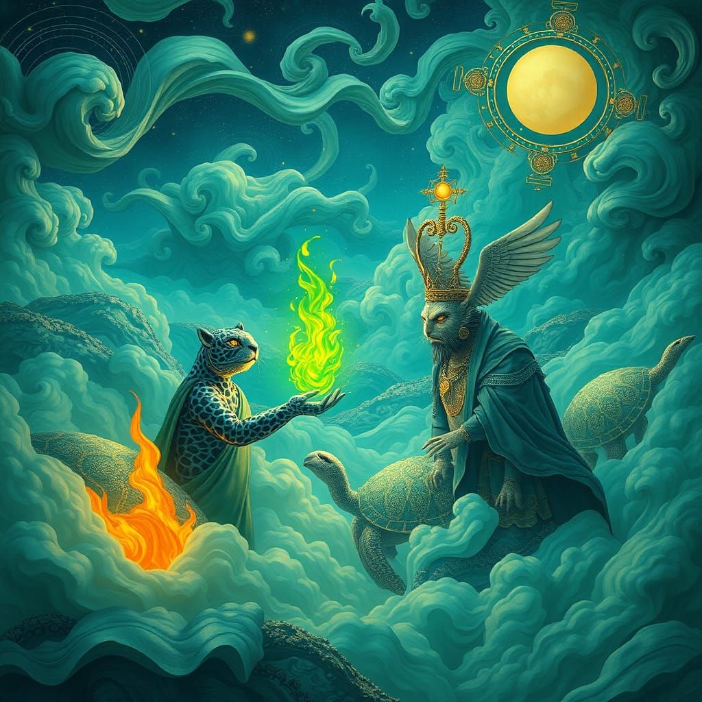 Turtles of Time Offer Green Fire in Dreamlike Scene