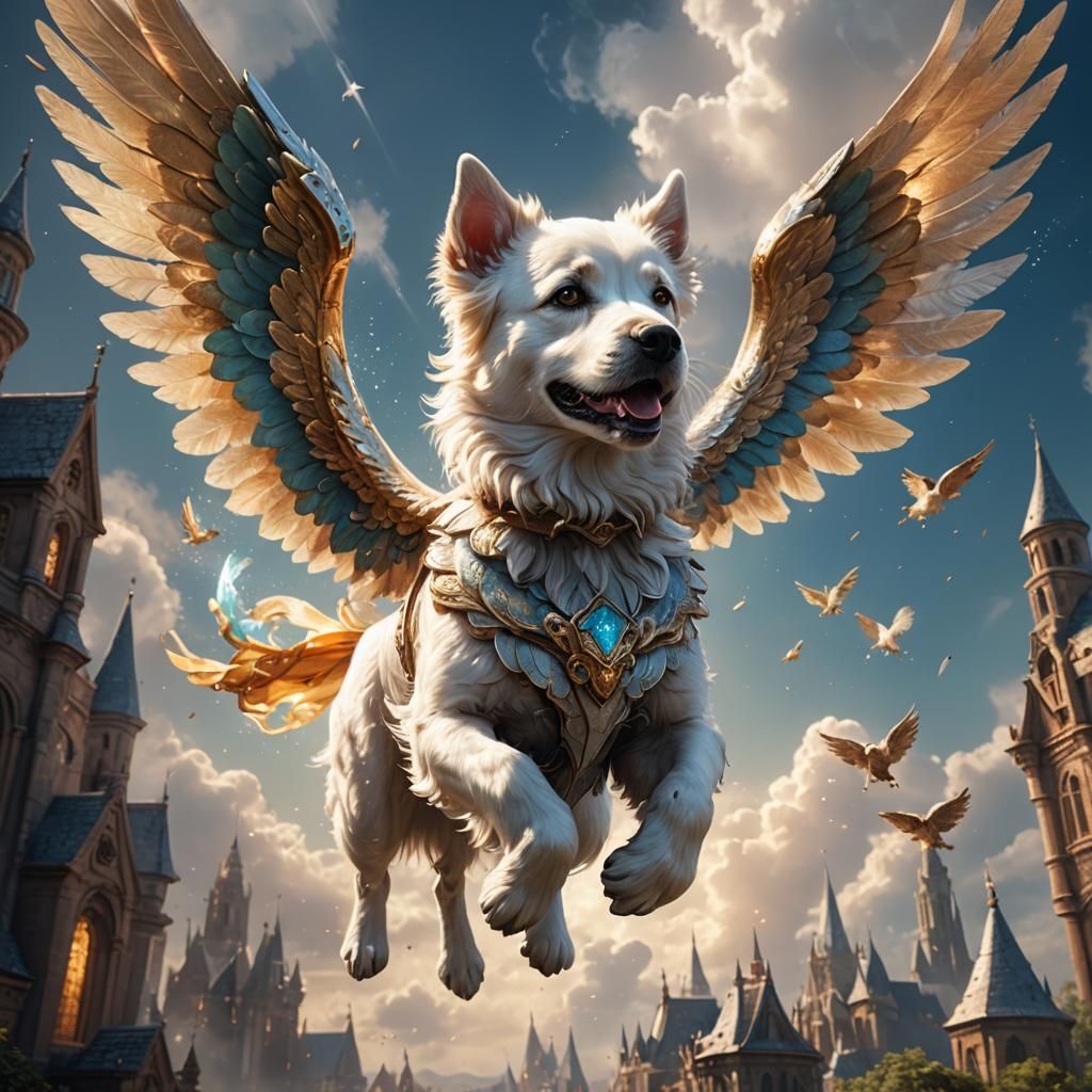 Beautiful Angel Dog Ascending, Detailed Fantasy Art