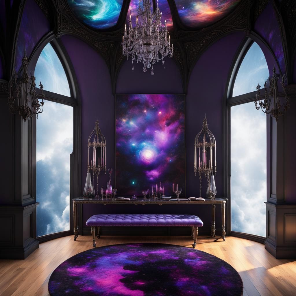 Cosmic gothic penthouse with gothic ceiling& gothic lights& shimmery Cosmic gothic furniture & labradorite tables& labra...