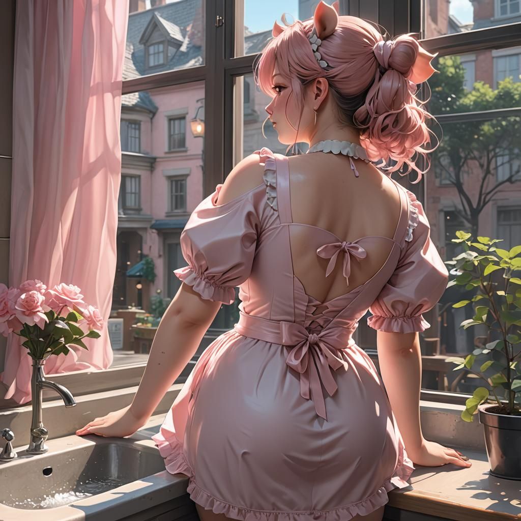 Voluptuous Pig Girl in Maid Outfit, 3D Anime Art