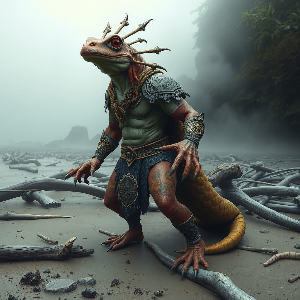 Amphibian Warrior in Vibrant, Mystical Beach Scene