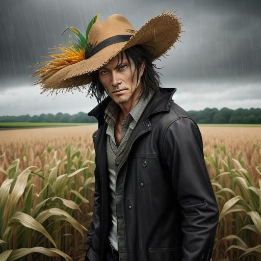 Rainy Cornfield Scarecrow: Hyperreal Image of Travelers