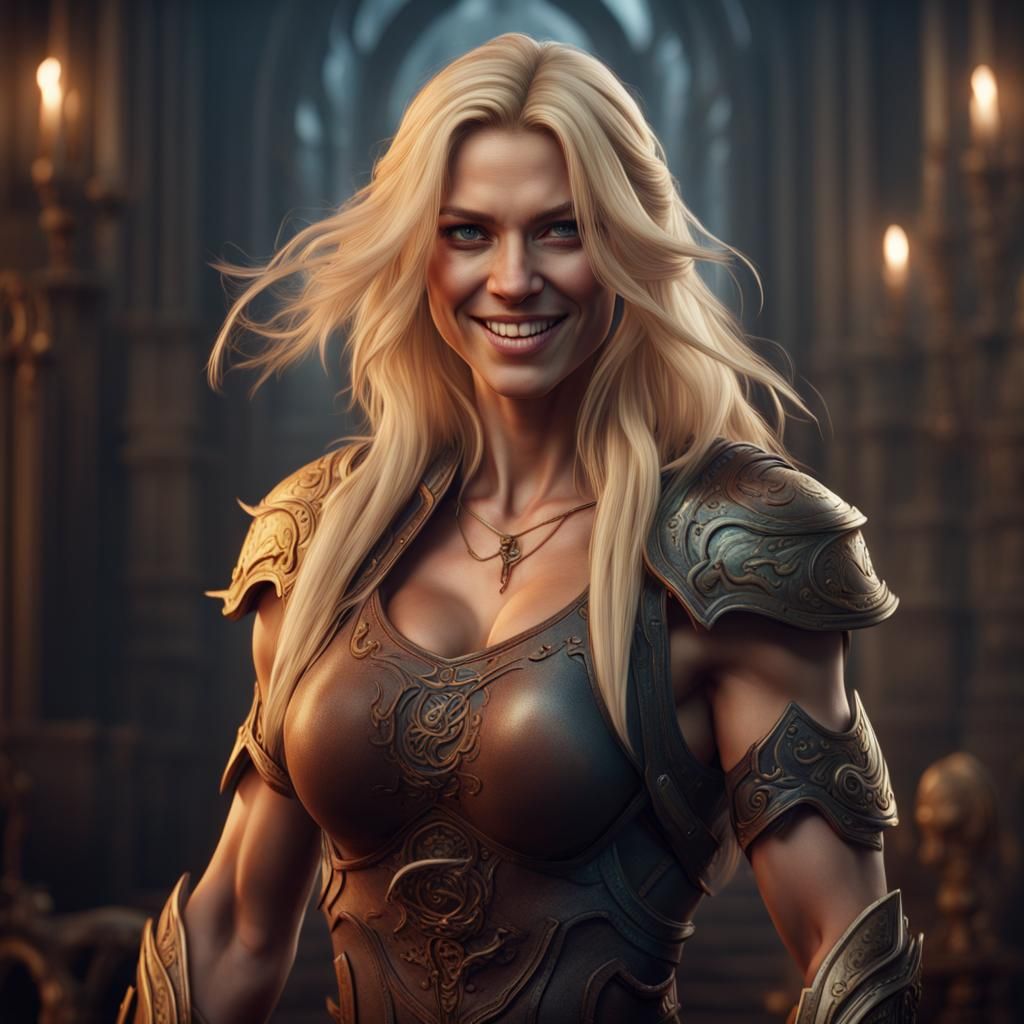 Blonde Woman Smiling in Detailed Fantasy Art