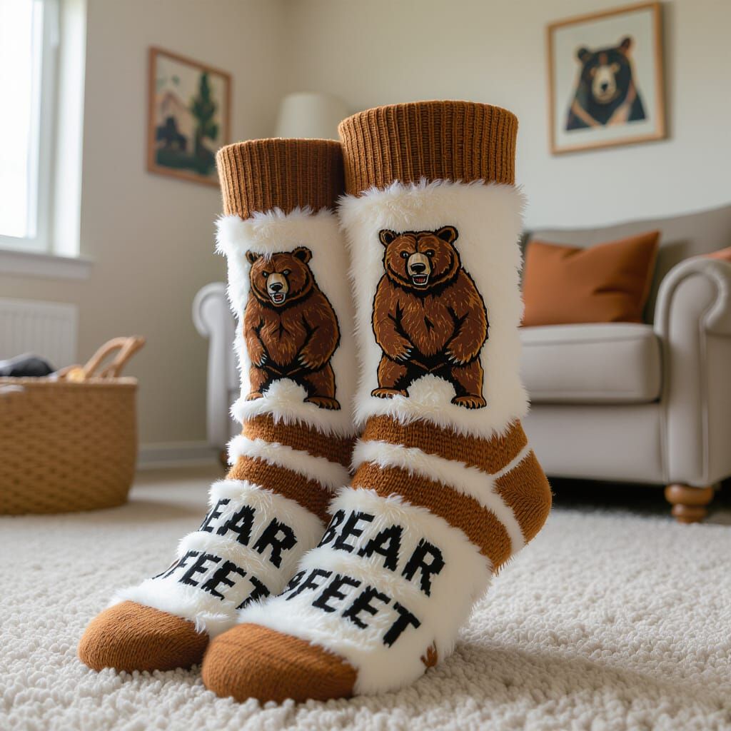 Fuzzy Kodiak Bear Socks with Deathcore Font
