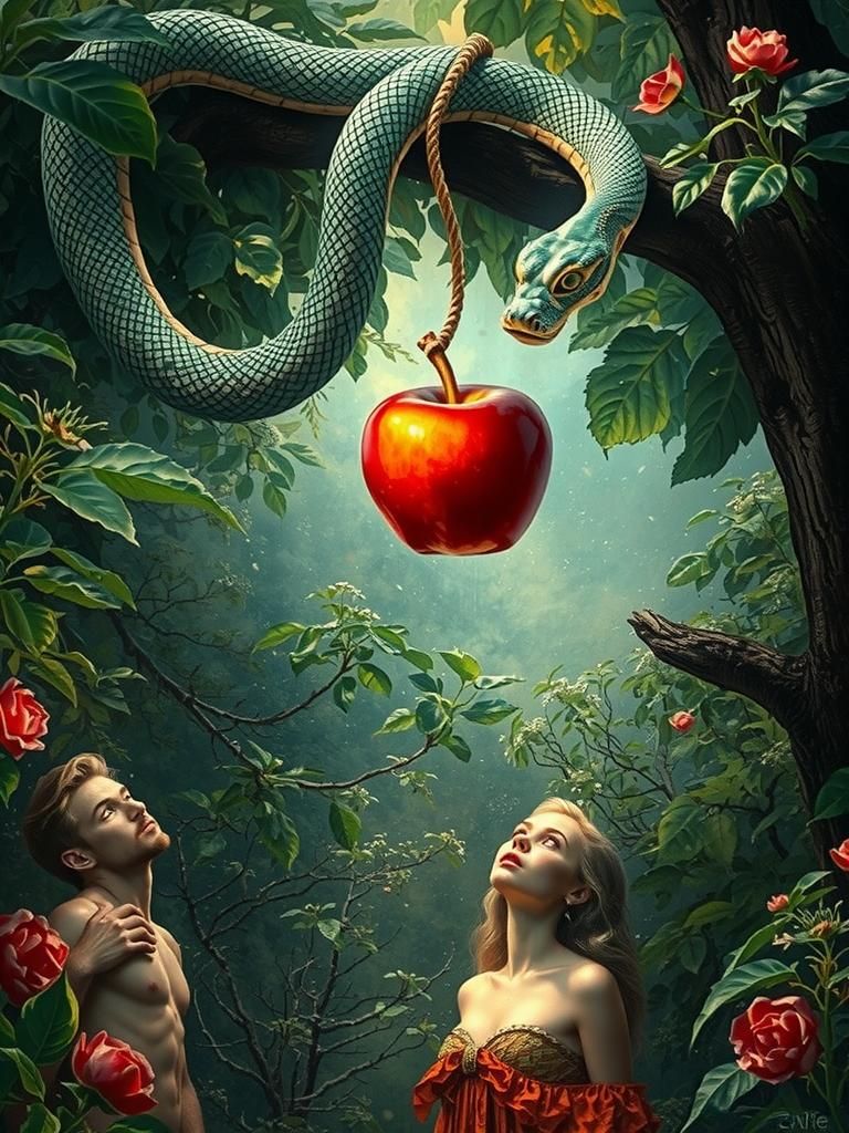 Eve in Hyperrealistic Garden, Inspired by Caravaggio