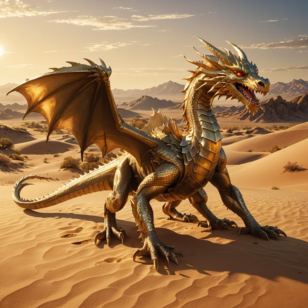 Golden Metallic Dragon in Desert Concept Art
