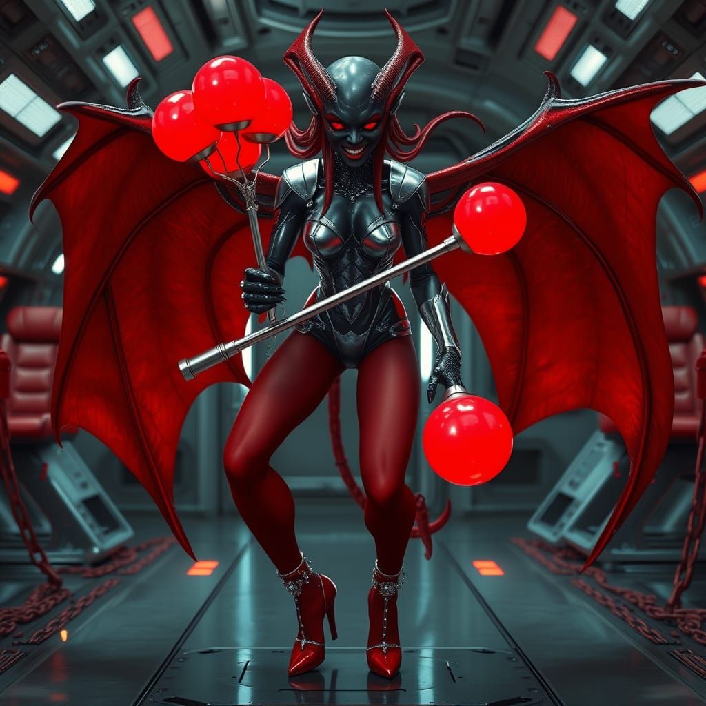 Futuristic Alien Demon with Bubble Club, Hyper-Realistic Sty...