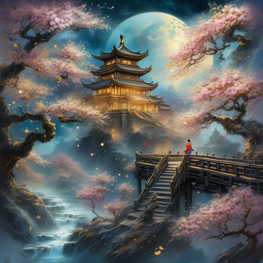 Chinese Fairy Tale in Sakura Clouds: Hyperrealistic Anime Ar...