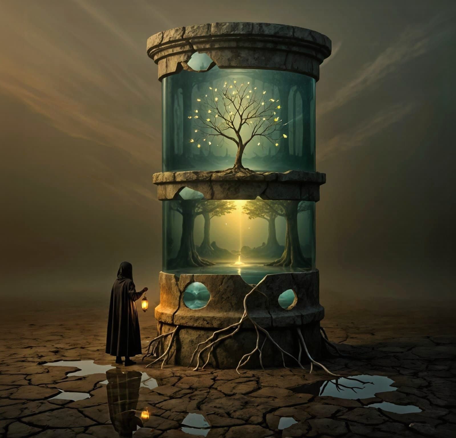 Guardian of Bioluminescent Tree in Fossil Structure