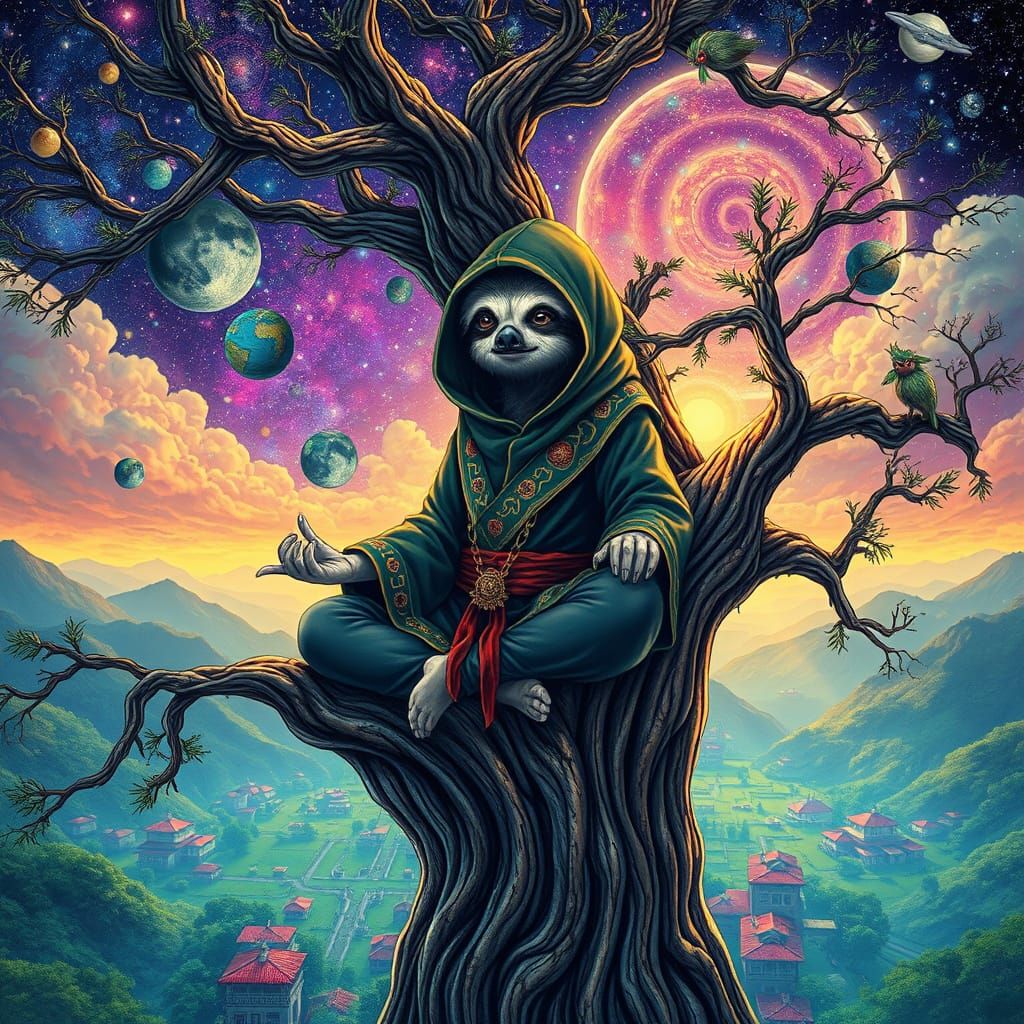 Sloth Ninja Meditating in Psychedelic Astral Illustration