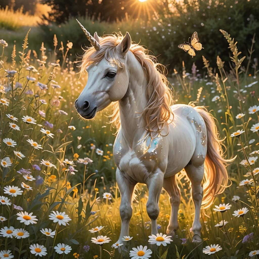 Unicorn Foal Frolics in Sunlit Meadow