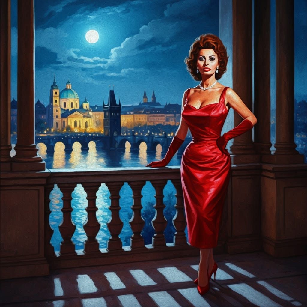 Vintage Sophia Loren Overlooking Prague as Oil Painting