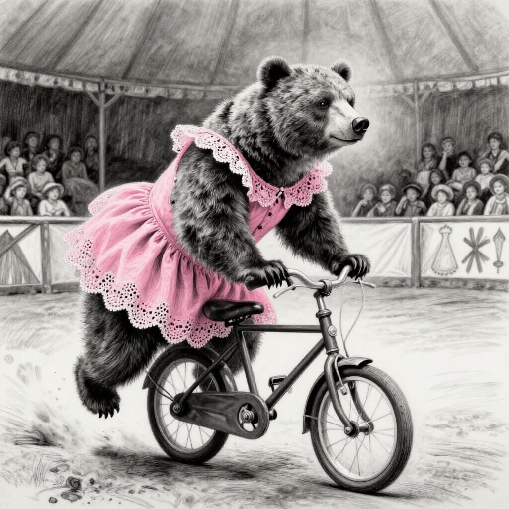 Bear in Pink Lace Skirt Rides Bicycle in Circus