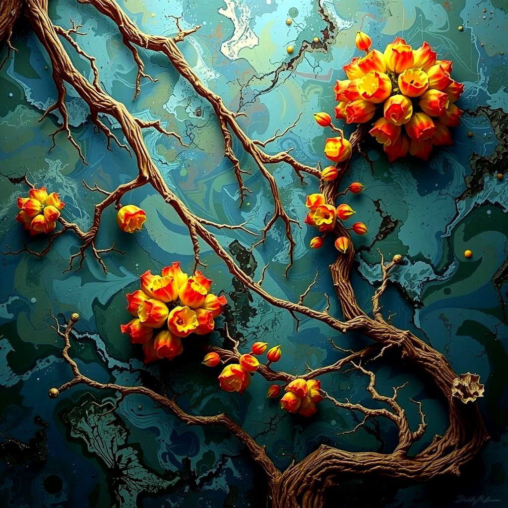 Surreal Twisted Tree Against Kaleidoscopic Abstract Backgrou...