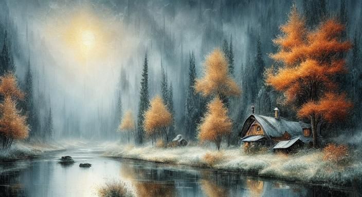 Serene Winter Forest Landscape in Oil Paint