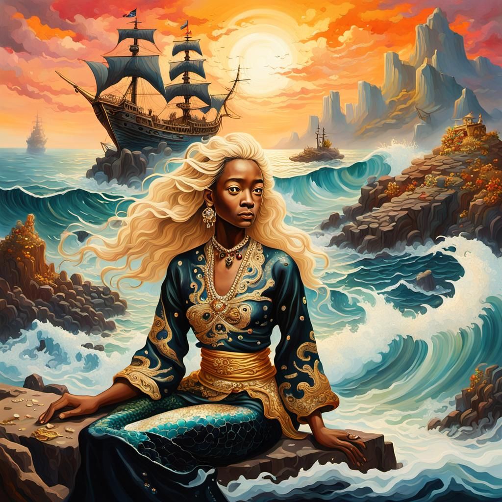 Surreal Mermaid on Shipwreck, Dali-Inspired Oil Painting