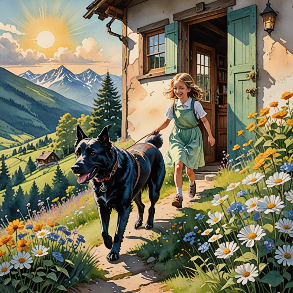 Girl Runs to Mountain Chalet with Dog in Watercolor Style