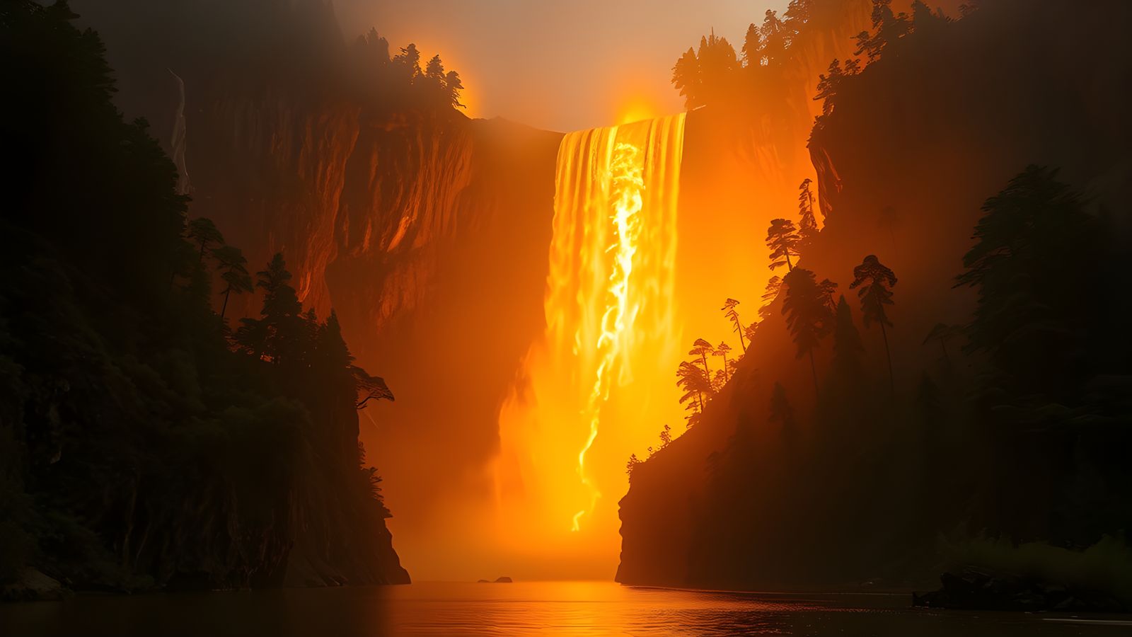 Giant Fire Waterfall Illuminates Forest Canyon