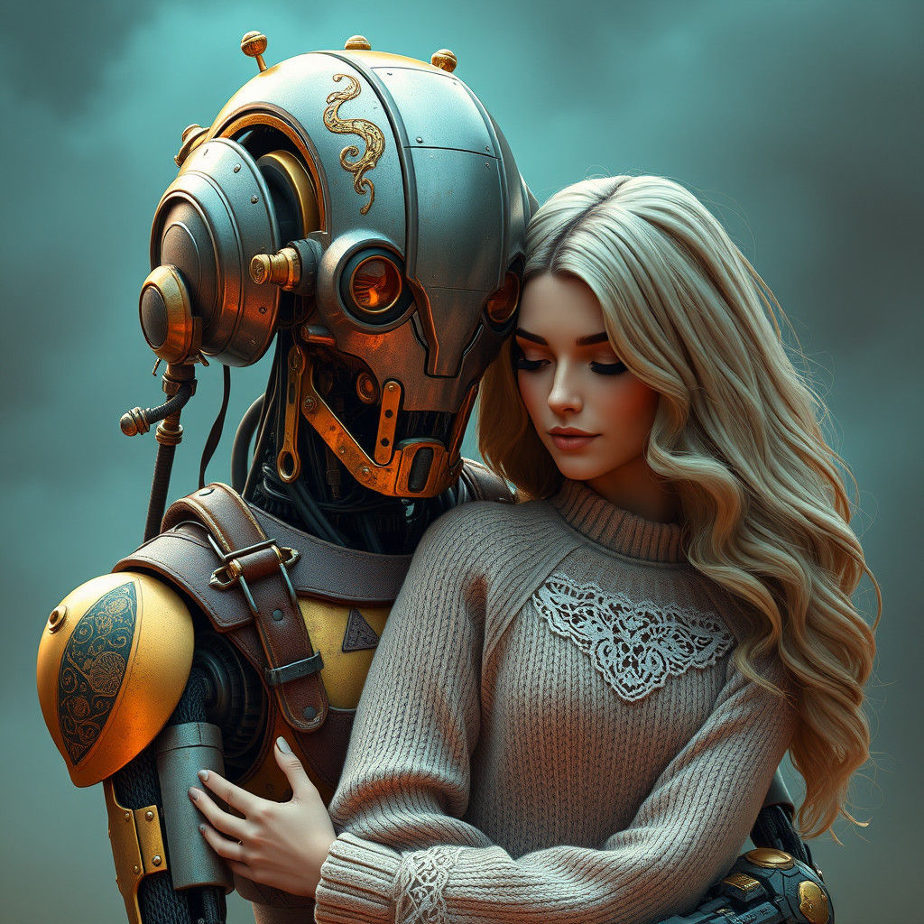 Robot Embracing Woman in Futuristic Organic Style