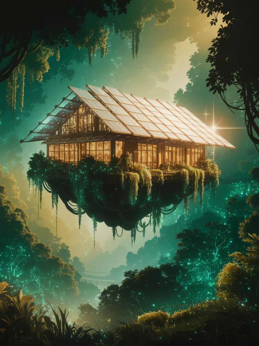 Ethereal Eco-Settlement Suspended Above Lush Forest Canopy