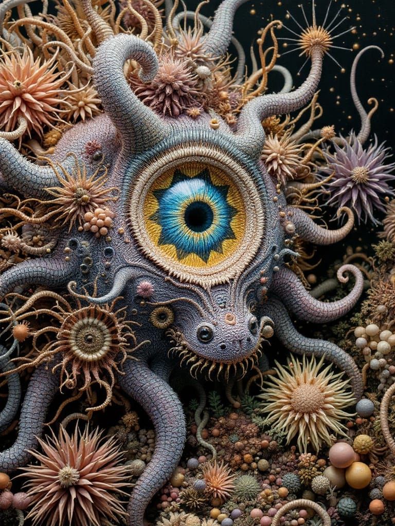 Surreal Quilliedpunk Creature in Exotic Setting