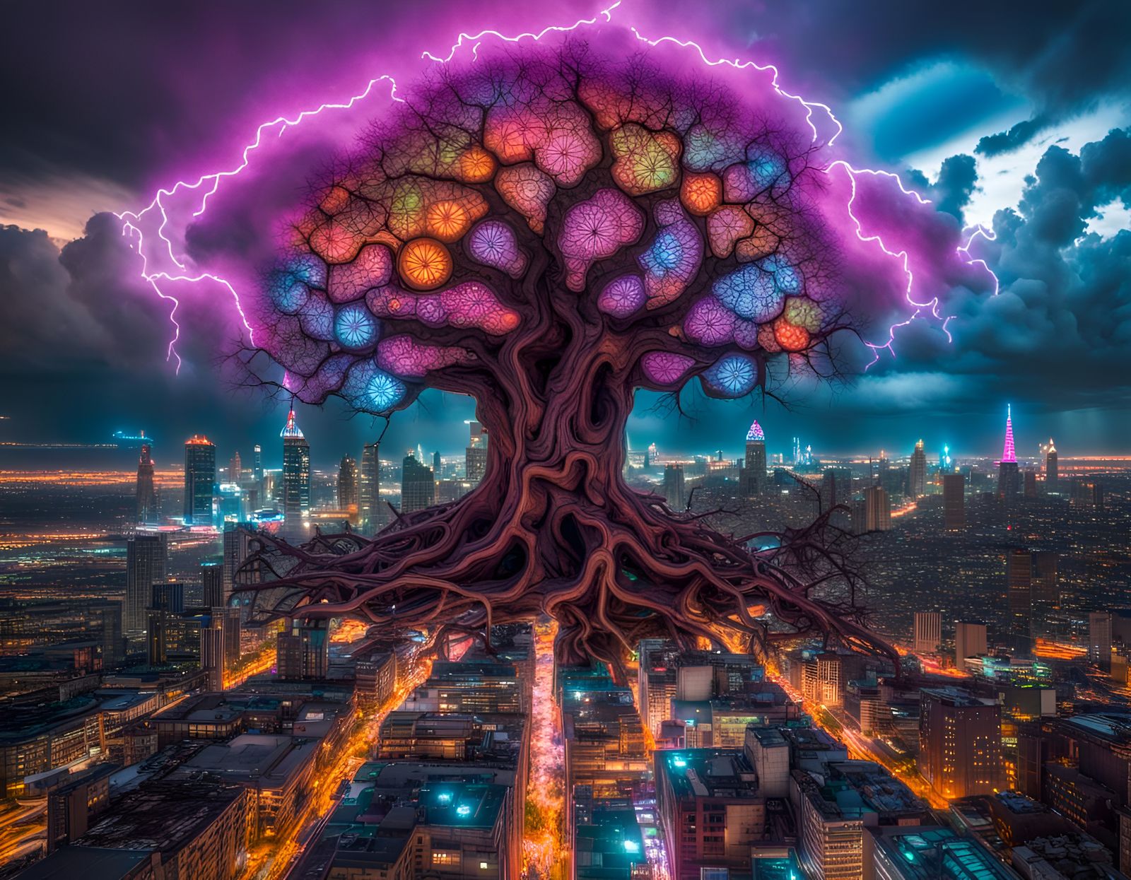 Cyberpunk Tree of Life City Under Neon Storm