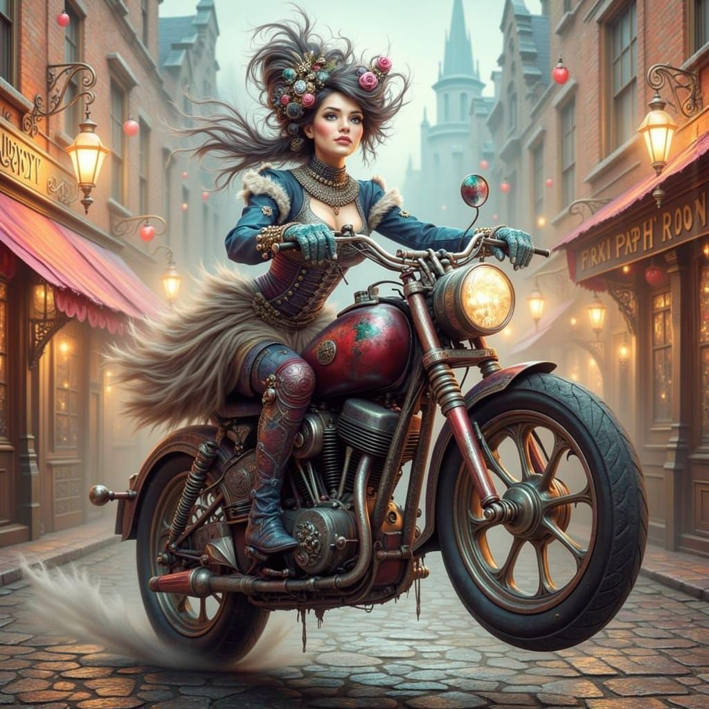 Steampunk Woman Performs Motorcycle Wheelie in Victorian Neo...
