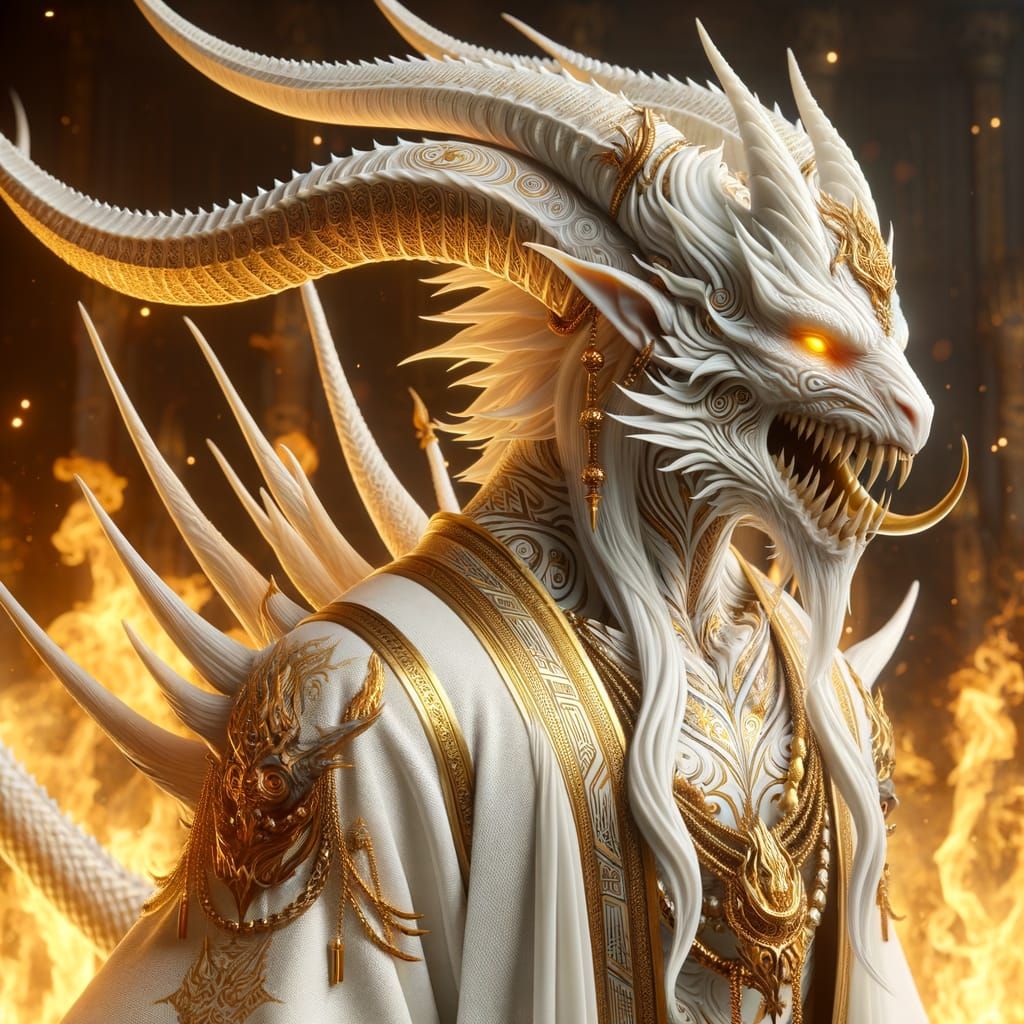 Demon with White Cloak Amid Golden Flames