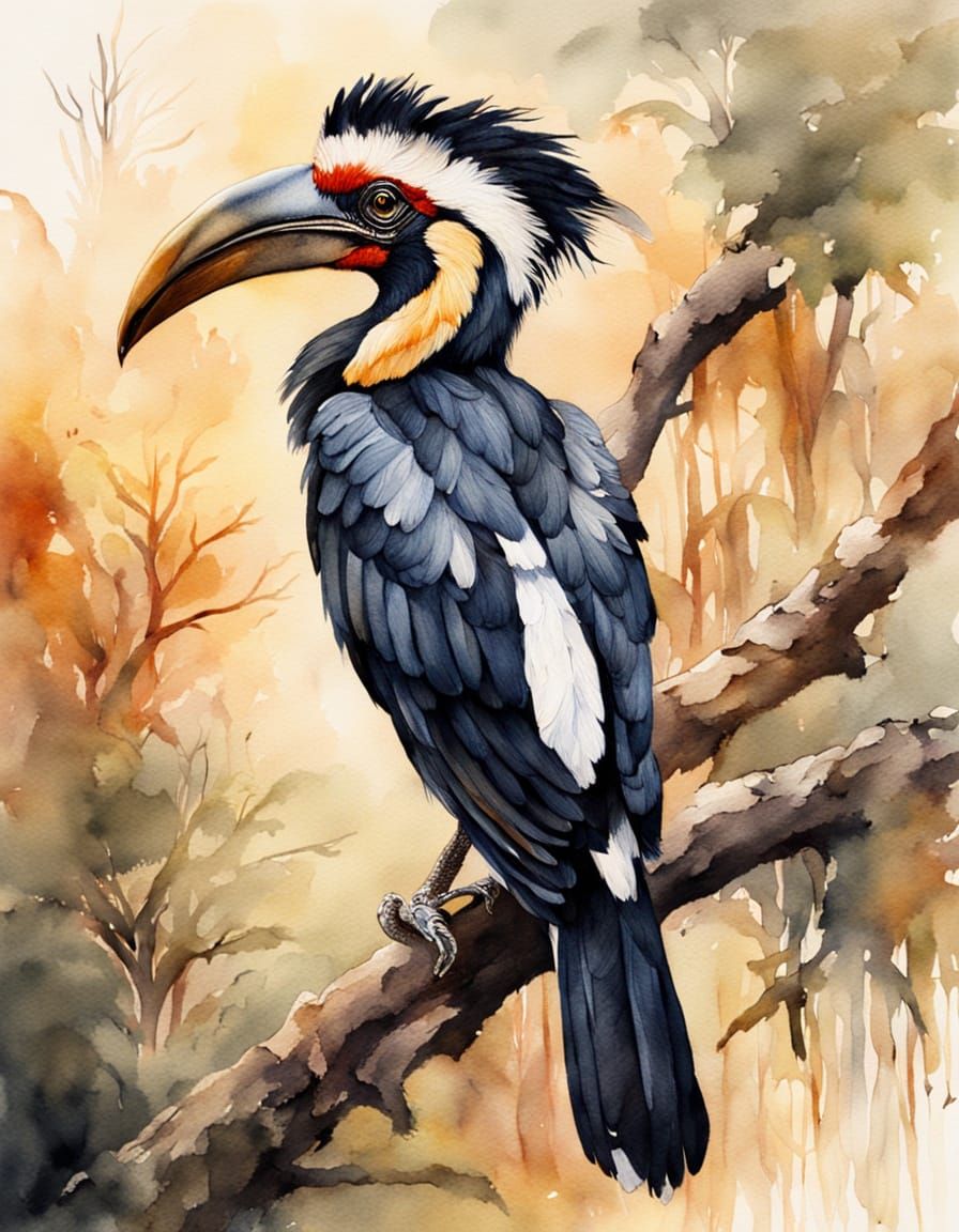 Watercolor Hornbill Portrait at African Savannah