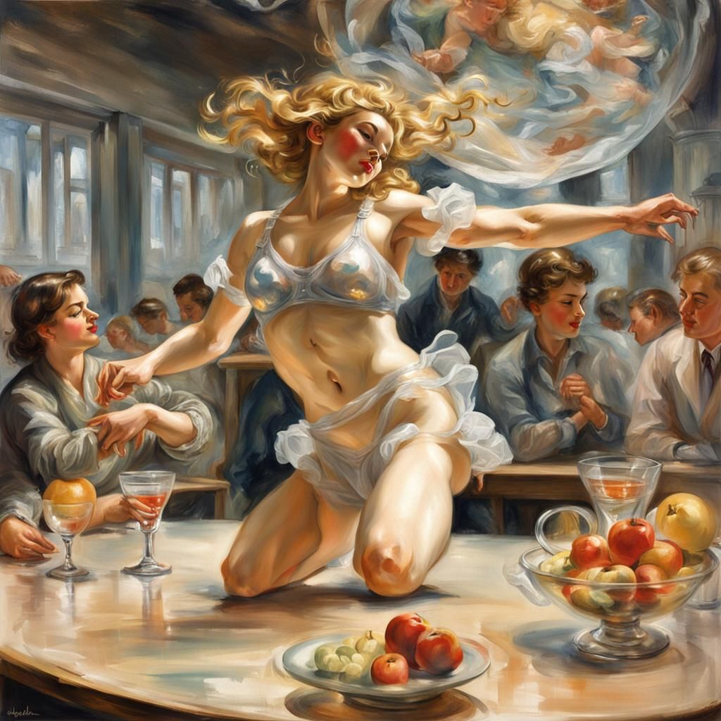 Table Dancing Girl in Transparent Bikini, Rubens Style
