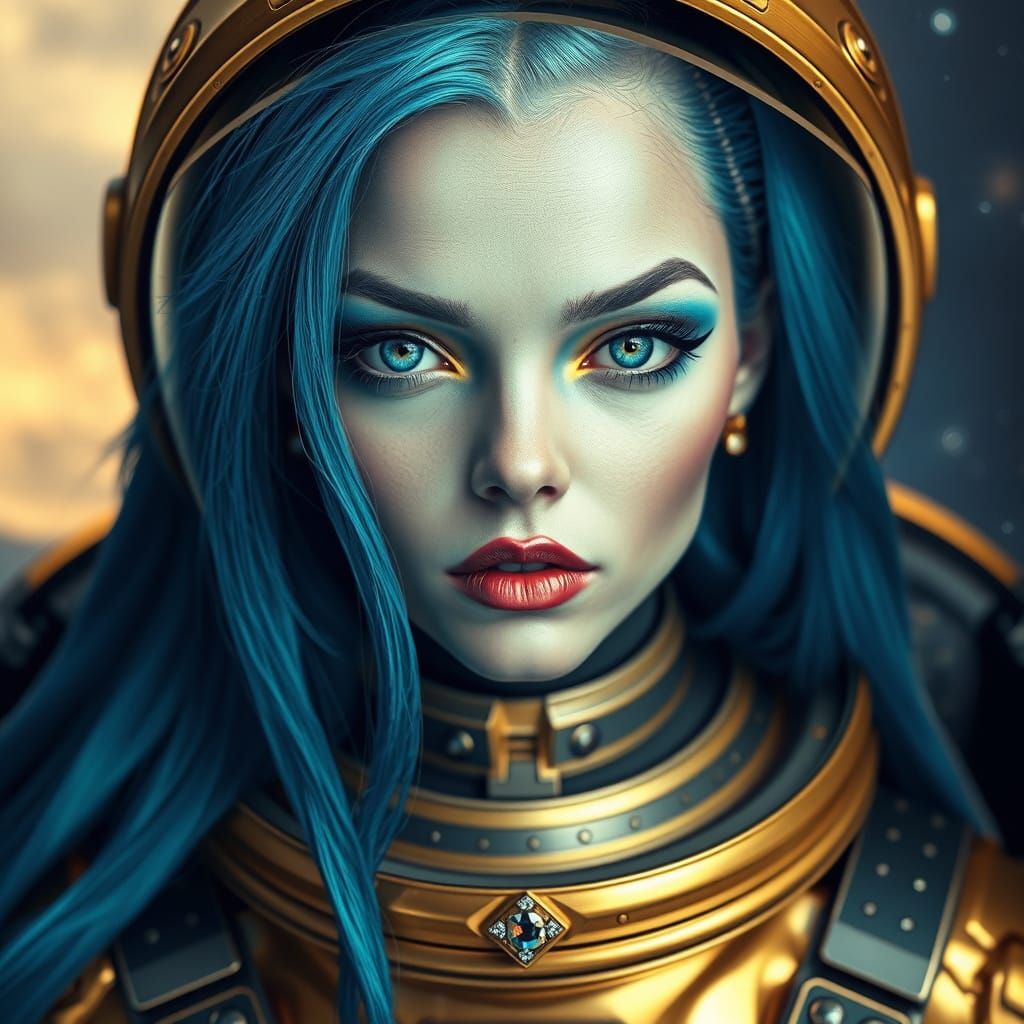 Ethereal Alien Astronaut in Golden Futuristic Spacesuit with...