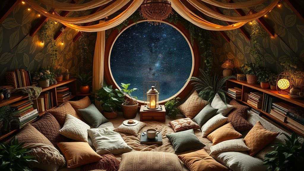 Cozy Bohemian Reading Nook Under Starry Sky