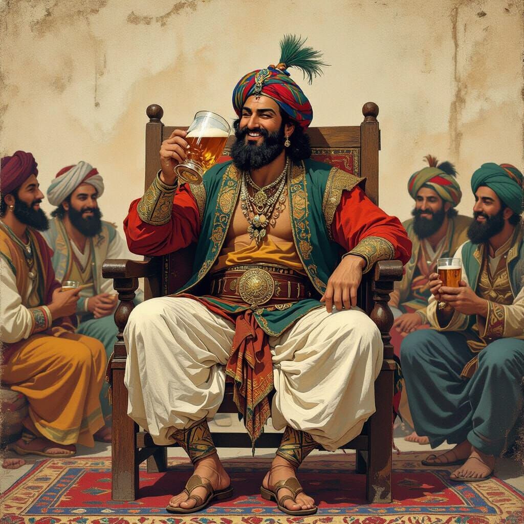Rostam Hero of Shahnameh Drinks Beer in Old Chair