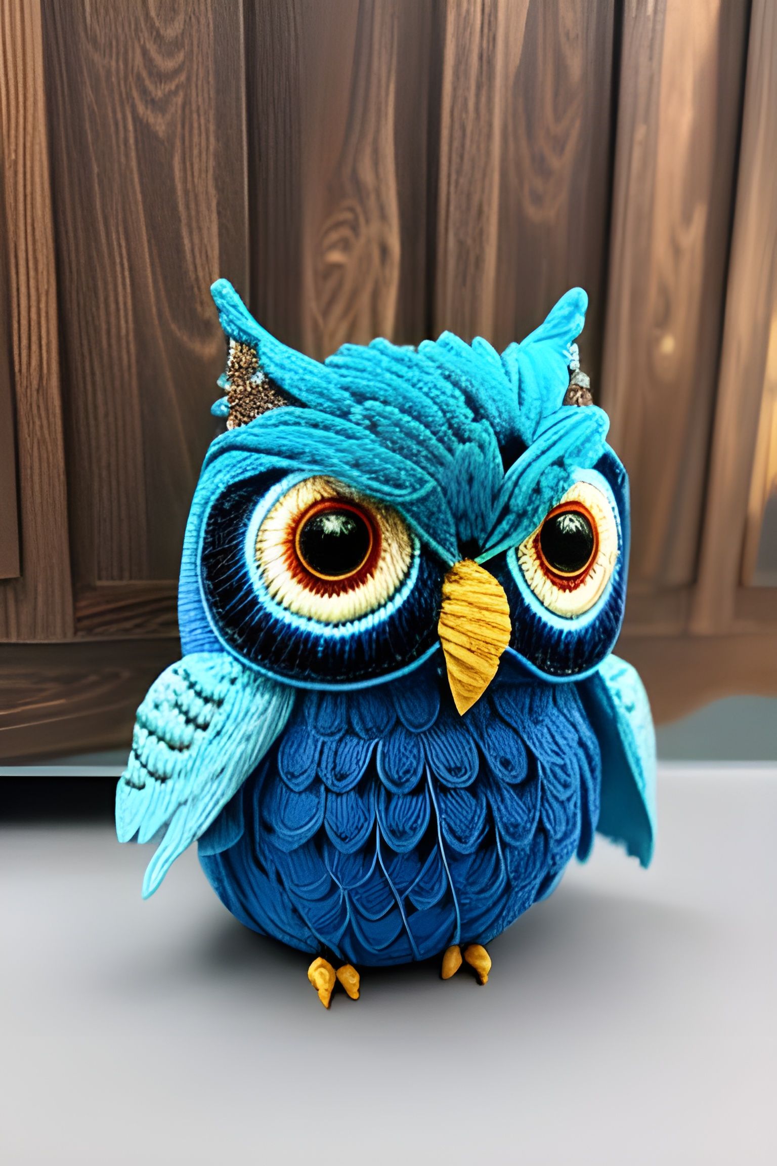 Elaborate Cerulean Yarn Owl Plushie, 3D Render