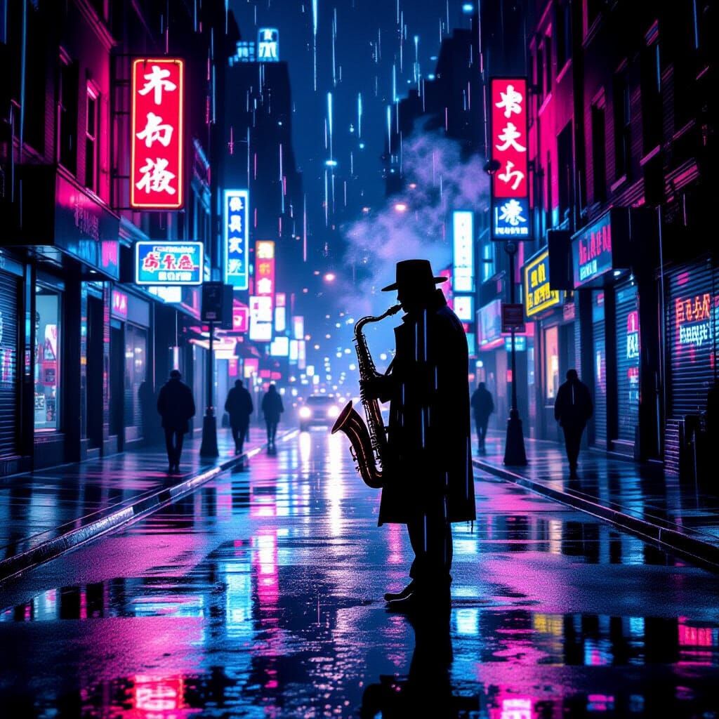 Noir Saxophonist in Rain-Slicked Cityscape