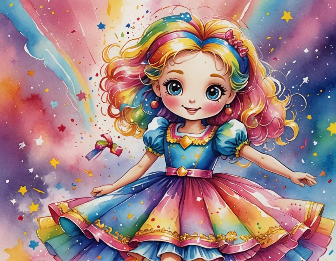 Rainbow Brite Watercolor Illustration in Lisa Frank Style