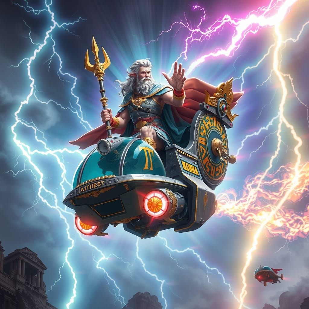 Zeus, in his thunderous majesty in a royal tartarian chariot...