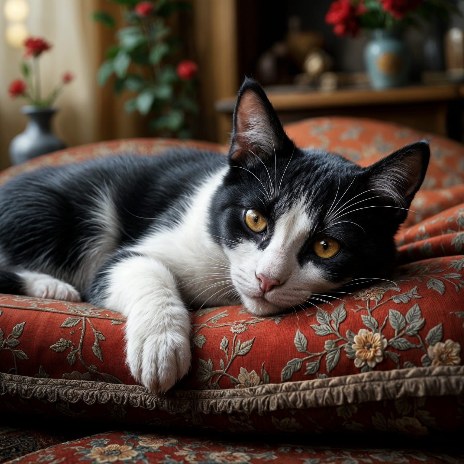 Black and White Cat in Art Nouveau Style