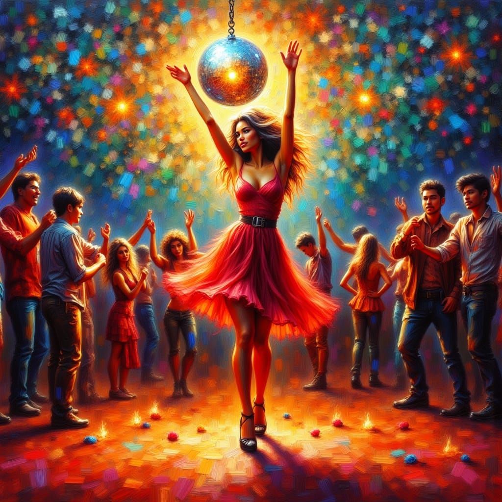 Vibrant Red Goddess Dancing on Fiery Dance Floor