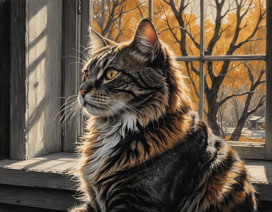 Detailed Charcoal Drawing of Cat at Window