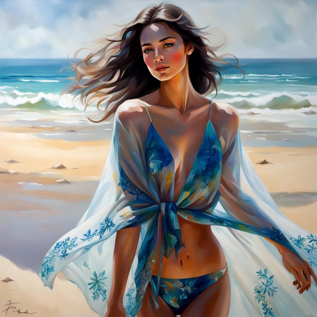 Beach Beauty: Photorealistic Oil Painting Portrait