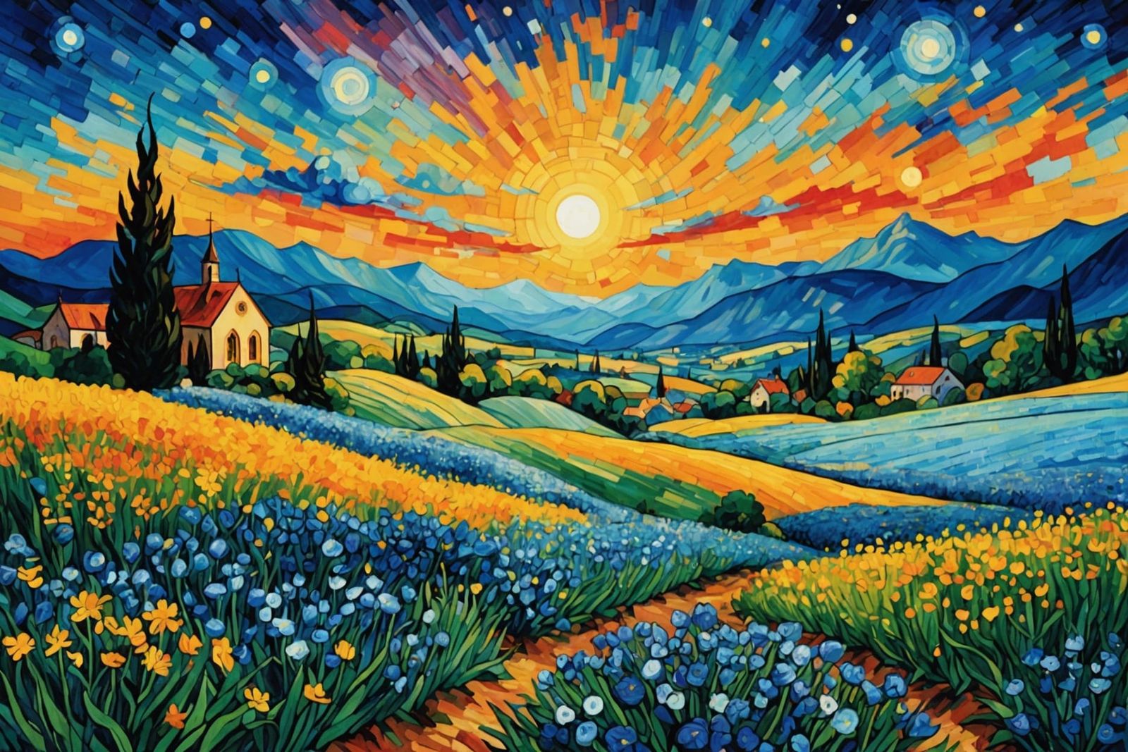 Blue Flower Field: Gothic Watercolor Landscape