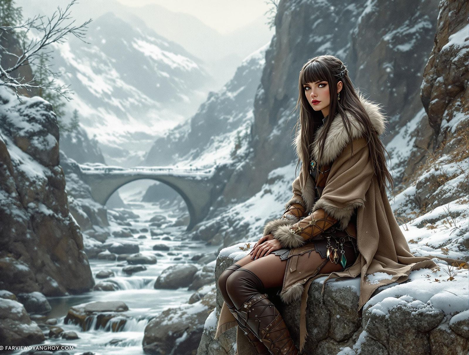 Norse Goddess on Snowy Mountain Bridge