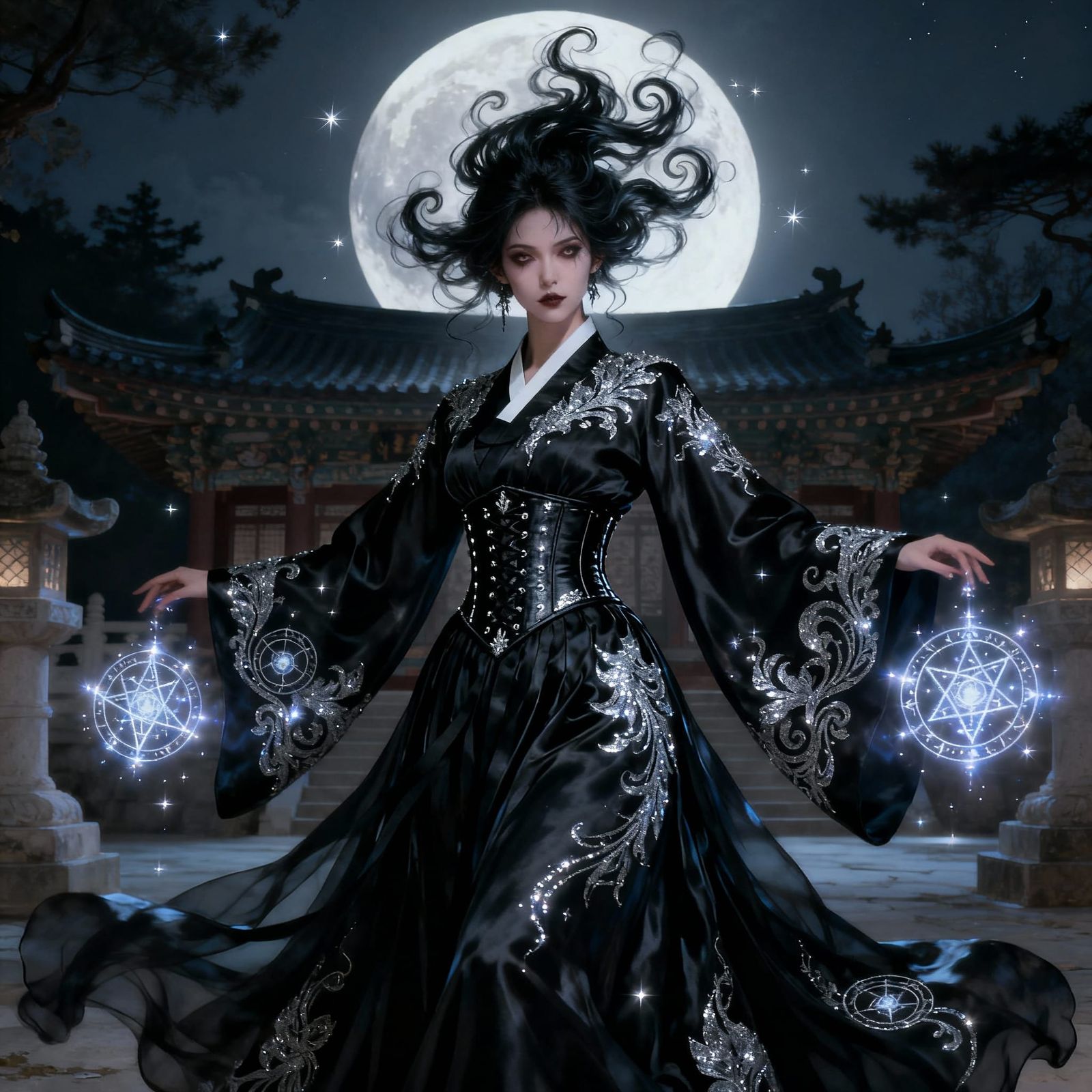 Elegant Witch in Black Silk Hanbok with Silver Embroidery