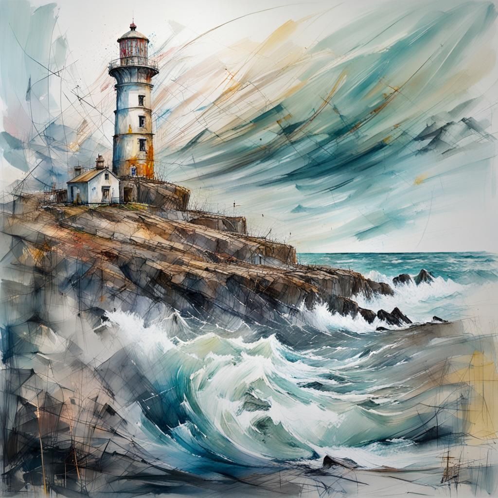 Weathered Lighthouse Defies Turbulent Coastline in Expressiv...