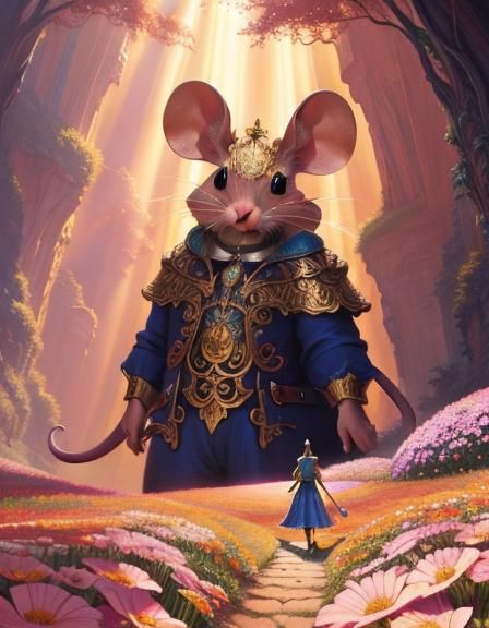 Giant Mouse in Fantasy Flowers, Detailed Illustration